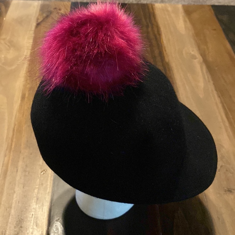 Halogen Womens Faux Fur Pompom Jockey Riding Hat Cap OS Black Pink 100% Wool